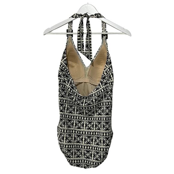 Lands' End Swim Womens 12 One Piece Halter Geo Print Tummy Slimming Black Ivory - Picture 2 of 9